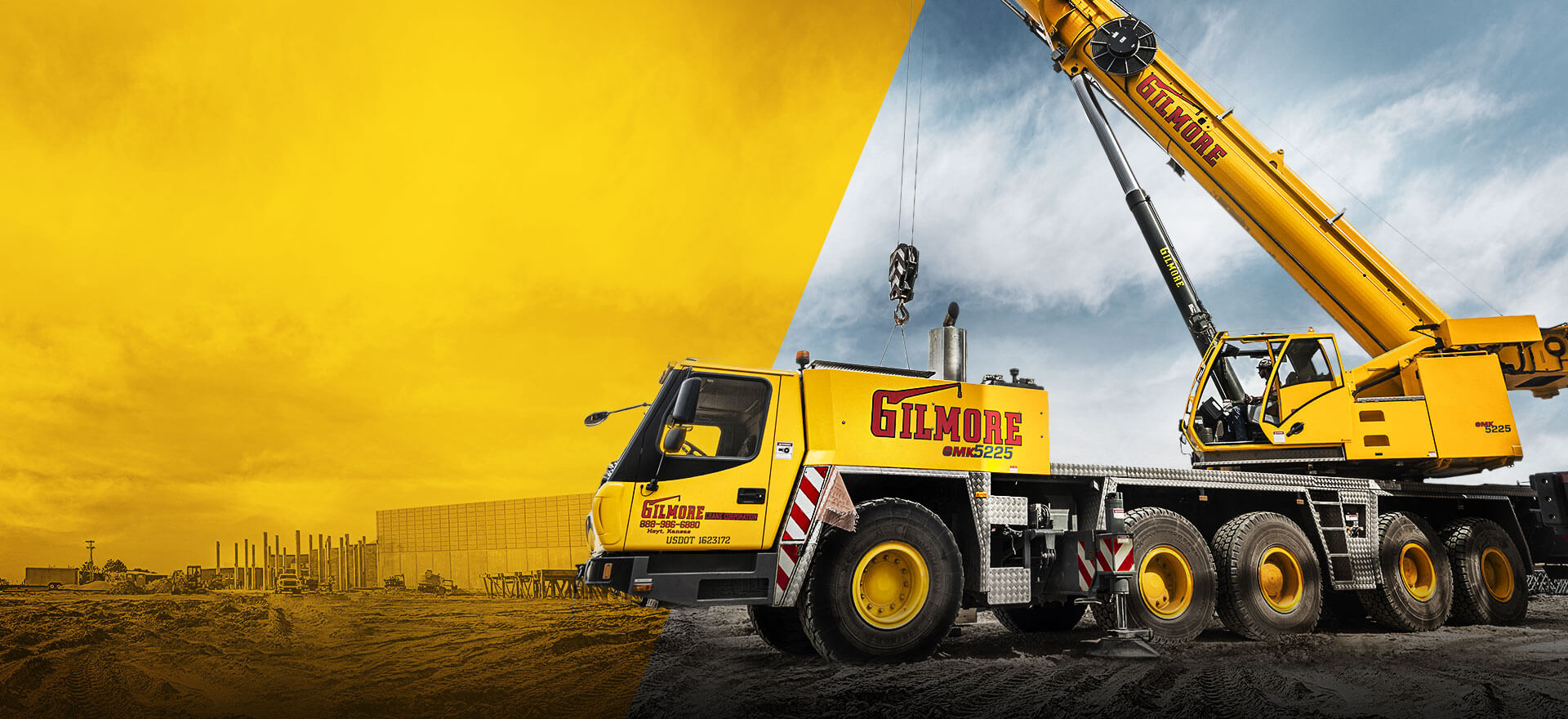 Image of a crane towering over a construction site with a larger crane in the foreground